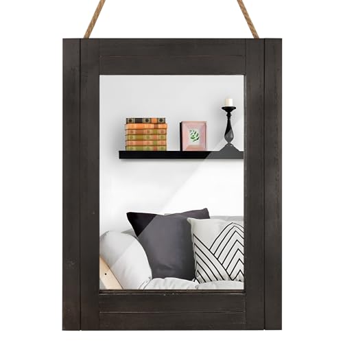 Rectangle Wall Mirror for Bathroom, Distressed White Wood Decor with Hanging Rope for Rustic Home Decor, Vanity, Living Room 12"×16"（Black）