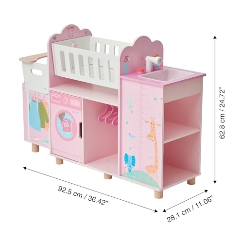 Olivia's Little World Amanda 6-in-1 Wooden Doll Nursery Station, Pink/Multi | Rocking Cradle, High Chair, Storage, Washing Machine and Sink, For 3 yrs and up