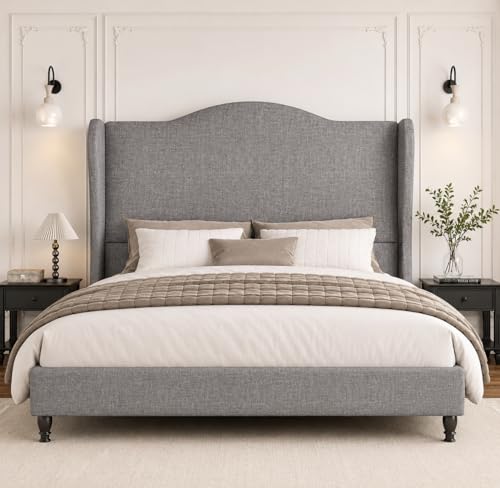Queen Size Upholstered Platform Bed Frame, Light Grey, view 2