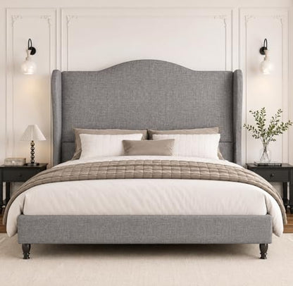 Queen Size Upholstered Platform Bed Frame, Light Grey, view 2