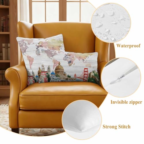 World Map Waterproof Outdoor Pillow Covers Set of 2 Home Decor, Famous Building Tourism Bridge Wood Grain Pillowcase Patio Pillow Covers for Couch Bench Patio Furniture Garden 24x24in