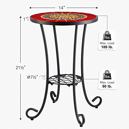 Patio Side Table and Plant Stand, 21" End Table with 14" Ceramic Tile Top for Porch Garden Decor, Indoor and Outdoor Mosaic Table, Living Room Bedroom Balcony Furniture for Home & Garden, Red