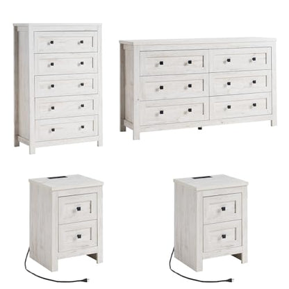 4 Pieces Farmhouse Bedroom Set, 1 X Wood Rustic 6 Drawer Storage Dresser, 1 X 5 Drawer Dresser, Nightstand Set of 2 with Charging Station, Farmhouse Bedroom Furniture Set, Rustic White