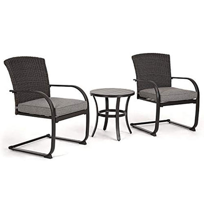 3-Piece Bistro Set, Outdoor Wicker Table Set, Rocking Wicker Chairs with Removable Cushions and Small Coffee Table, Patio Furniture Sets for Balcony, Porch, Grey