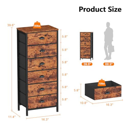 Tall Dresser with 6 Drawers,Vertical End Table and Nightstand for Bedroom,Industrial Dorm Bedside Furniture with Fabric Storage Drawer Organizer in Living Room,Closet,Entryway(Rustic Brown)