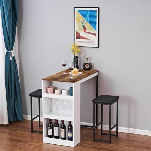 3 Piece Dining Table Set Kitchen Bar Table with Two Stool Storage Shelves Wood Counter Height Table Top with Sew Kerf Finish Dining Room Home