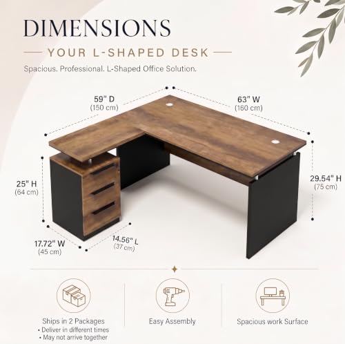 63" L Shaped Executive Desk, Modern Office Desk with 3 Drawers & Locking Storage, view 3
