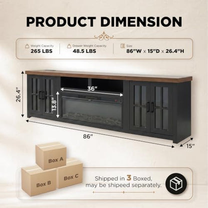 86" Wood Fireplace TV Stand, Black, view 3