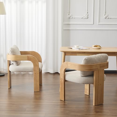 Yorick Modern Dining Chair Set of 2 with Cushion, Solid Wood Dining Room Armchair Set, Curved Backrest Kitchen Side Chair, Living Room Comfy Extra Seat, Natural+Beige