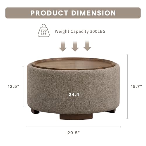 Brown Teddy Round Storage Ottoman Coffee Table with Solid Wood Legs, view 3