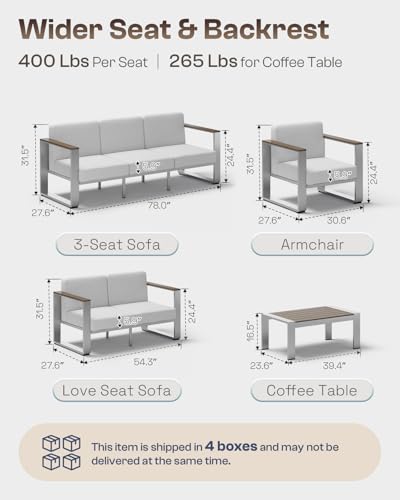 Aluminum Outdoor Patio Furniture Set, 7 Seats Outdoor Patio Conversation Sets with Ergonomic Seat and Wide Washable Thick Cushions, Modern Patio Sectional Furniture for Balcony, Porch (Gray)