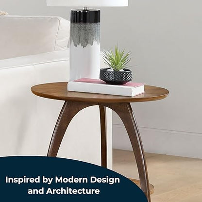Retro Mid-Century Modern Round Wood End Table, Solid Grain Side Table with Lower Shelf, Small Accent Table for Living Room or Nightstand. Nutmeg Brown Top with Espresso Brown Legs