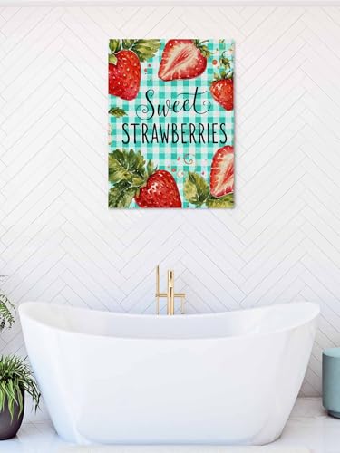 NuYeBiofx Summer Strawberries Teal Buffalo Canvas Wall Art Prints,30"x20" Framed Picture Artwork Watercolor Fruit Flower Leaf Printed Canvas Oil Painting for Living Room Bedroom Office,Ready to Hang
