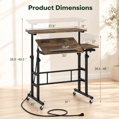Height Adjustable Mobile Standing Desk with Built-in Power Outlets, view 4