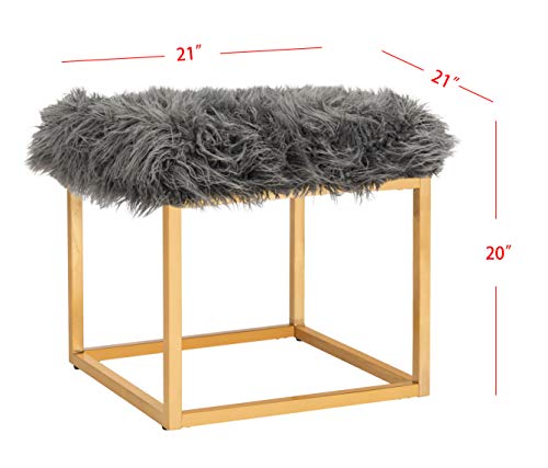 Safavieh Home Collection Rowan Grey Contemporary Glam Faux Sheepkin Square Ottoman, Dark