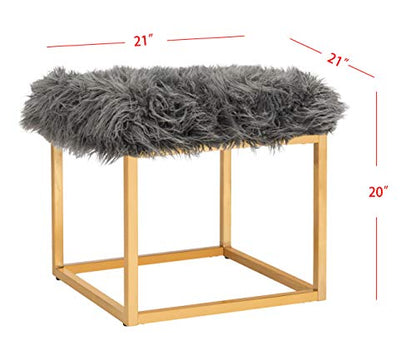 Safavieh Home Collection Rowan Grey Contemporary Glam Faux Sheepkin Square Ottoman, Dark