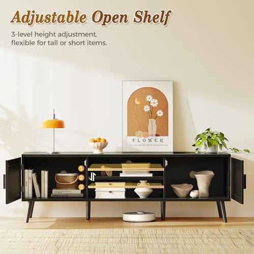 TV Stand for 65 Inch TV, Entertainment Center with Adjustable Shelf, Rattan TV Console with 2 Cabinets, Media Console, Solid Wood Feet, 4 Cord Holes, for Living Room, Black