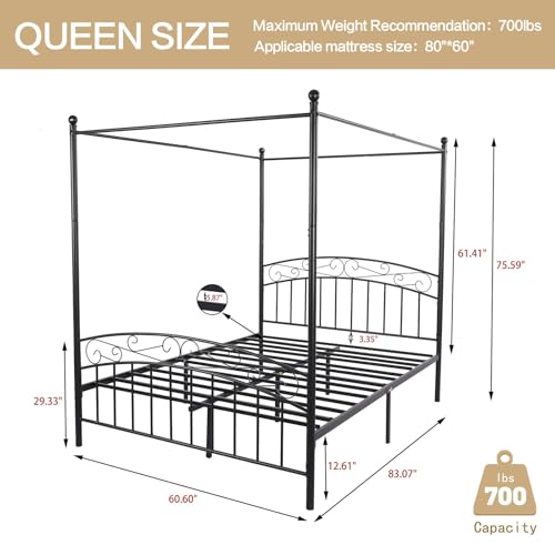 Metal Canopy Bed Frame Queen Size with Headboard & Footboard, view 3