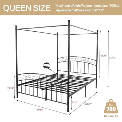 Metal Canopy Bed Frame Queen Size with Headboard & Footboard, view 3