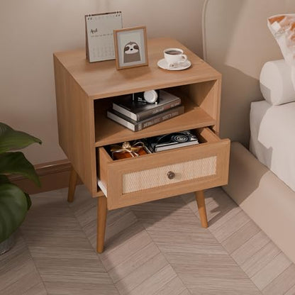Modern Wicker Rattan Stand Set of 2, Rattan Stand with Drawer and Small Space, Wooden Side Table for Small Spaces, Natural Wood Bedside Table for Bedroom (no Charing Station, 2)