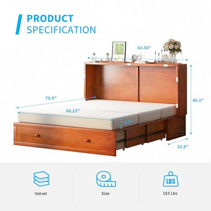 Queen Size Murphy Bed Cabinet with Tri-Fold Mattress Not Included, Wooden Cabinet Bed with Built-in USB Charging Station and 2 Storage Drawers, Cube Chest Beds for Office Guest Room, Cherry