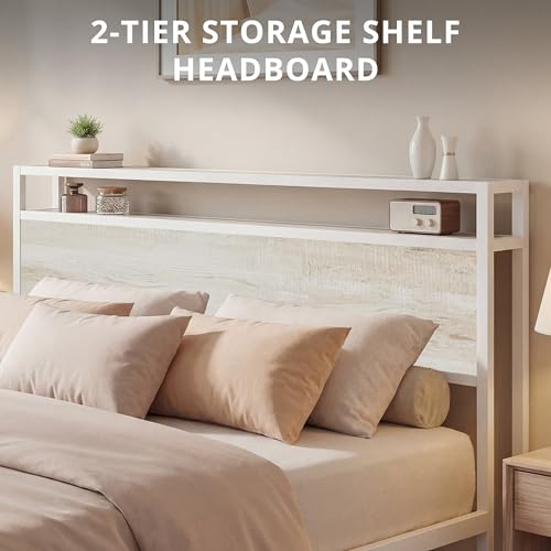 Queen Bed Frame with 2-Tier Storage Shelf Headboard, view 4