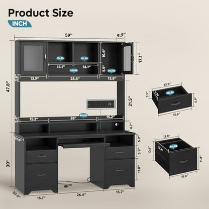 77.8" H Computer Desk with Hutch, Charging Station, LED Light,Black, view 3