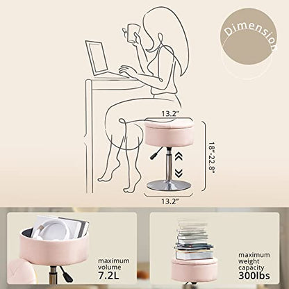 360°Swivel Vanity Stool Chair for Makeup Room, Height Adjustable Stool for Vanity with Storage, Small Pink Faux Leather for Bathroom, Living Room