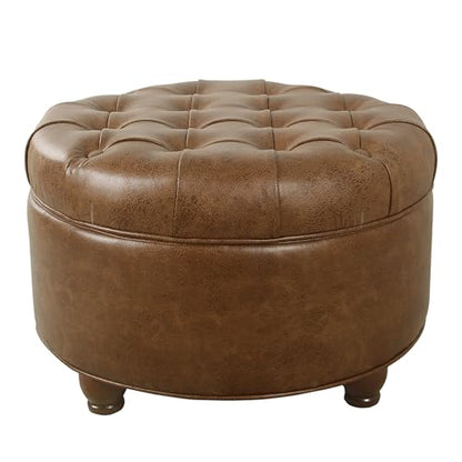25" Button Tufted Round Storage Ottoman - Brown Faux Leather