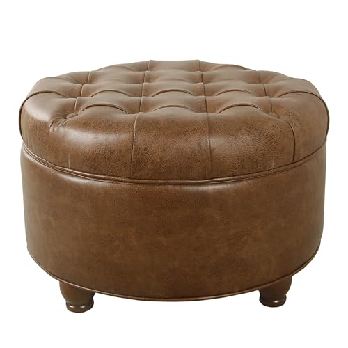 25" Button Tufted Round Storage Ottoman - Brown Faux Leather