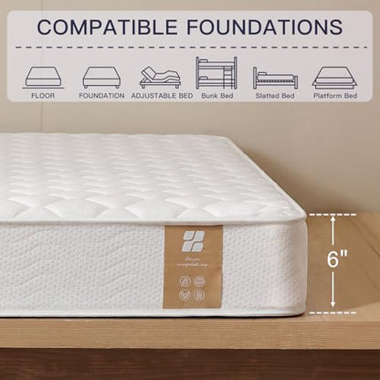 6 Inch Twin Mattress with Bonnell Spring, Twin Mattress for Kids, Memory Foam Mattress for All Night Sleep & Pressure Relief, Certified Safe Foams & Fabric, Fiberglass Free Mattress in A Box
