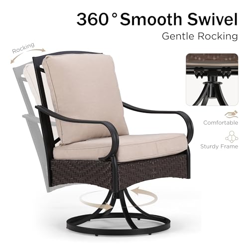 Patio Swivel Chairs Set of 2, Heavy Duty Outdoor Metal Wicker Dining Chair with Thickened Cushions, Large All Weather Wrought Iron Deck Chair Lawn Furniture Support 300lbs