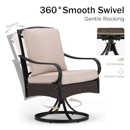 Patio Swivel Chairs Set of 2, Heavy Duty Outdoor Metal Wicker Dining Chair with Thickened Cushions, Large All Weather Wrought Iron Deck Chair Lawn Furniture Support 300lbs
