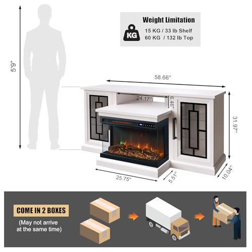 59 Inch LED TV Stand with 3-Side Glass Fireplace, view 3