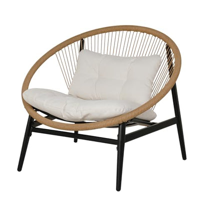1-Piece Wicker Outdoor Chair, Patio Oversized Chair with Beige Cushion, Outdoor Furniture Set for Porch Balcony Deck Garden