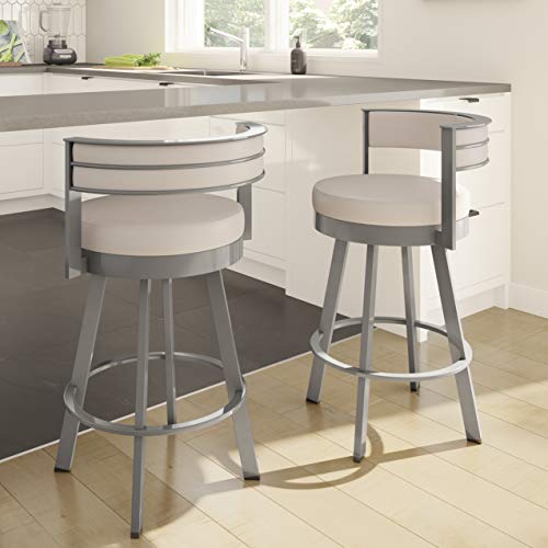 Browser 26" Swivel Counter Height Barstool, Upholstered with Back for Kitchen Island or Bar - Cream Faux Leather / Glossy Grey Metal