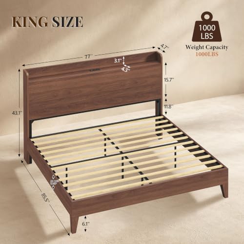 King Size Bed Frame with Storage Headboard & Charging Station, Walnut, view 3
