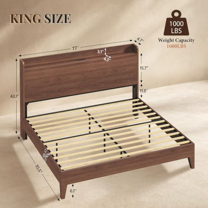 King Size Bed Frame with Storage Headboard & Charging Station, Walnut, view 3