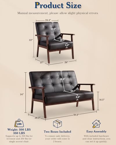 3 Piece Black Faux Leather Mid Century Modern Wood Frame Living Room Set | Loveseat Sofa Set Tufted Upholstery Furniture Set, Couch Set for Waiting Room\Small Space\Office\Dorm\Lobby