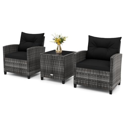 3 Piece Patio Furniture Set, Wicker Bistro Conversation Set w/2 Cushioned Armchairs & Glass Topped Table, Outdoor Rattan Sofa Set Patio Furniture for Porch Balcony Poolside (Grey-Black)