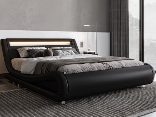Queen Size LED Platform Bed Frame with Adjustable Headboard, Black, view 4