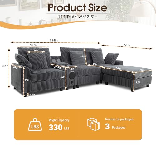 114" Corduroy Sectional Modular Couch with Speakers, L Shaped Couches Comfy Deep Sofa with Console, USB Charger, Cup Holders, Storage, Ottoman for Living Room (Gray, 114in)