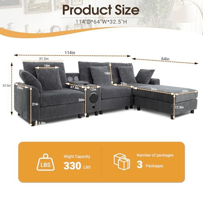 114" Corduroy Sectional Modular Couch with Speakers, L Shaped Couches Comfy Deep Sofa with Console, USB Charger, Cup Holders, Storage, Ottoman for Living Room (Gray, 114in)