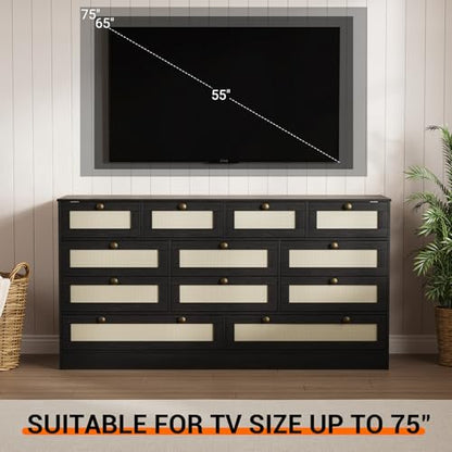 GAOMON Wooden Dressers for Bedroom with 12 Drawers, 61" Wide TV Stand Dresser for 65 inch TV, Rattan Chest of Drawers for Living Room, Hallway, Modern Wood Closet Dressers for Adult Room