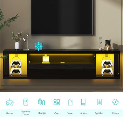 55 Inch Wall Mounted Floating TV Stand with LED Lights & Shelves, view 5
