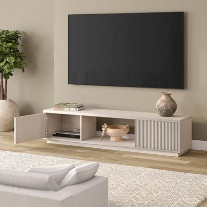 Fluted TV Stand for TVs up to 78" with 2 Ribbed Side Storage Cabinets and Open Center Storage for Living Room, Family Room, or Office, Beech White