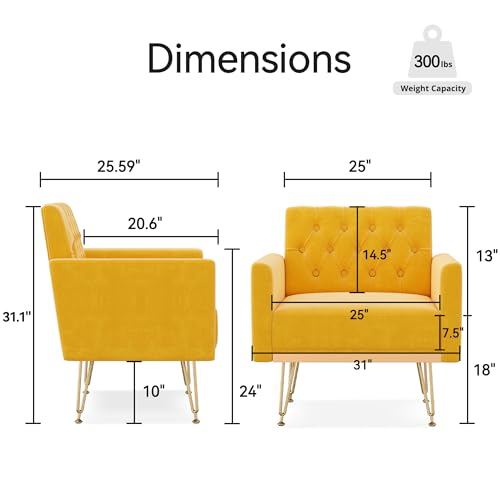 Accent Chair for Living Room, Comfy Oversized Velvet Upholstered Arm Chairs, Mid Century Modern Reading Single Sofa Side Chair with Tufted Back and Gold Legs for Bedroom (1, Mustard)