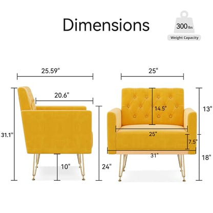 Accent Chair for Living Room, Comfy Oversized Velvet Upholstered Arm Chairs, Mid Century Modern Reading Single Sofa Side Chair with Tufted Back and Gold Legs for Bedroom (1, Mustard)
