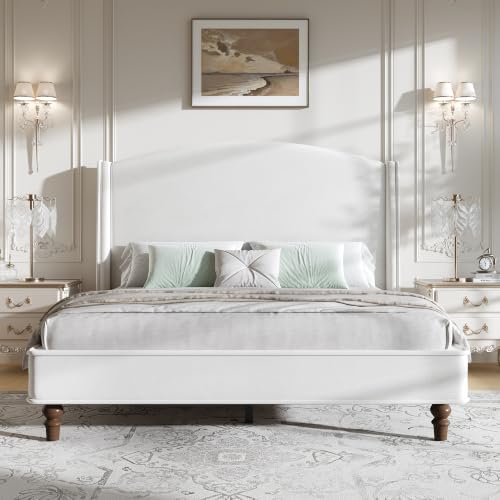 Queen Bed Frame, 52" Elegant Wingback Headboard, Beige, view 2