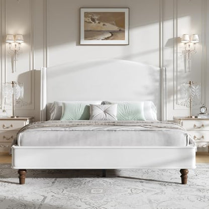Queen Bed Frame, 52" Elegant Wingback Headboard, Beige, view 2